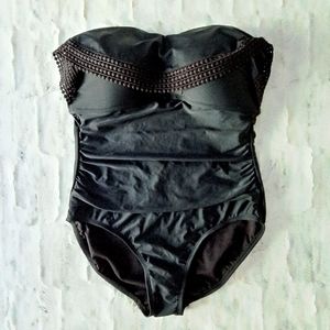 NWT Kona Sol womens black one piece ruffle high coverage swimsuit. Size L 12/14.